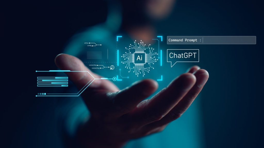 A hand with AI-related graphics superimposed around it.